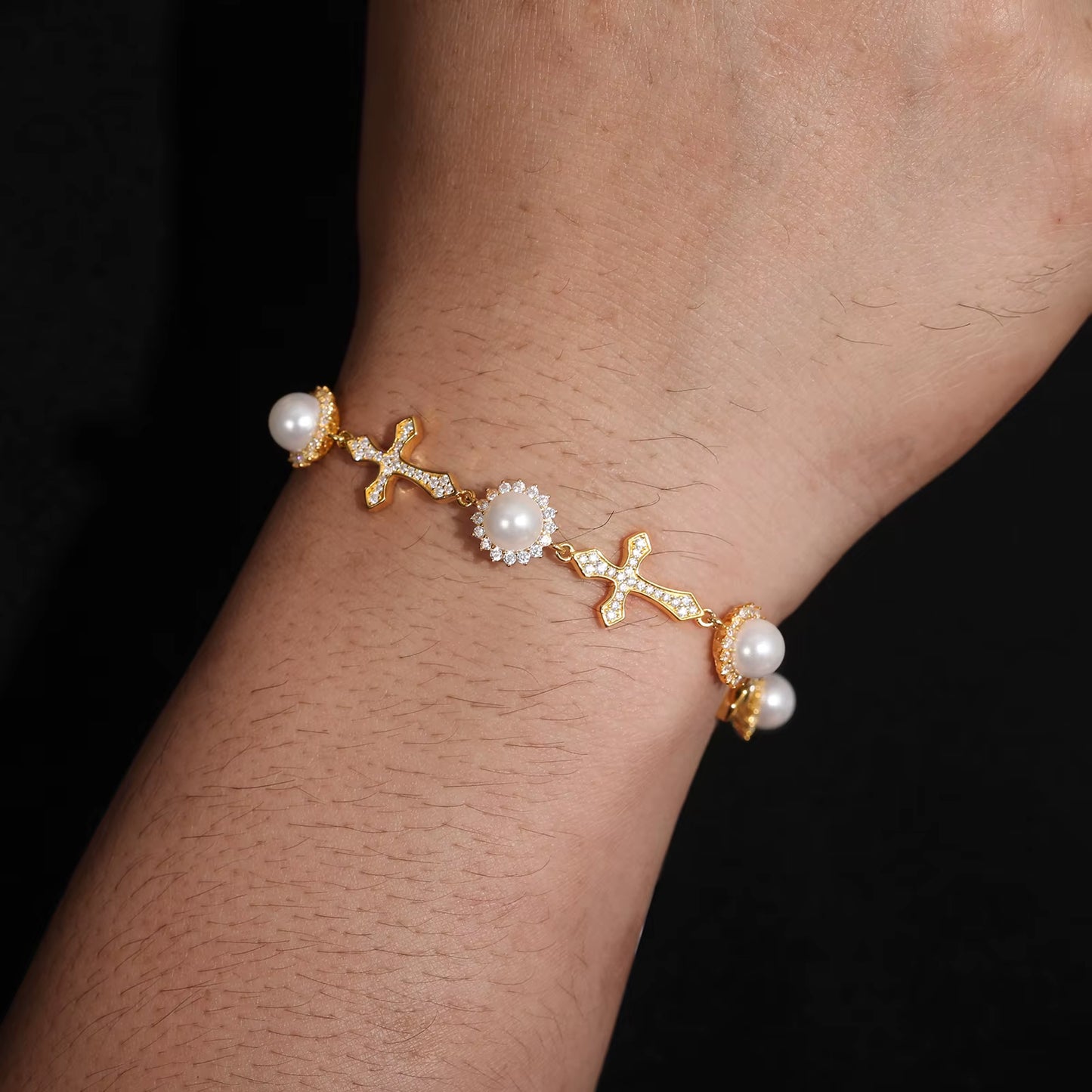 Moissanite Pearl Flower Cross Link Bracelet