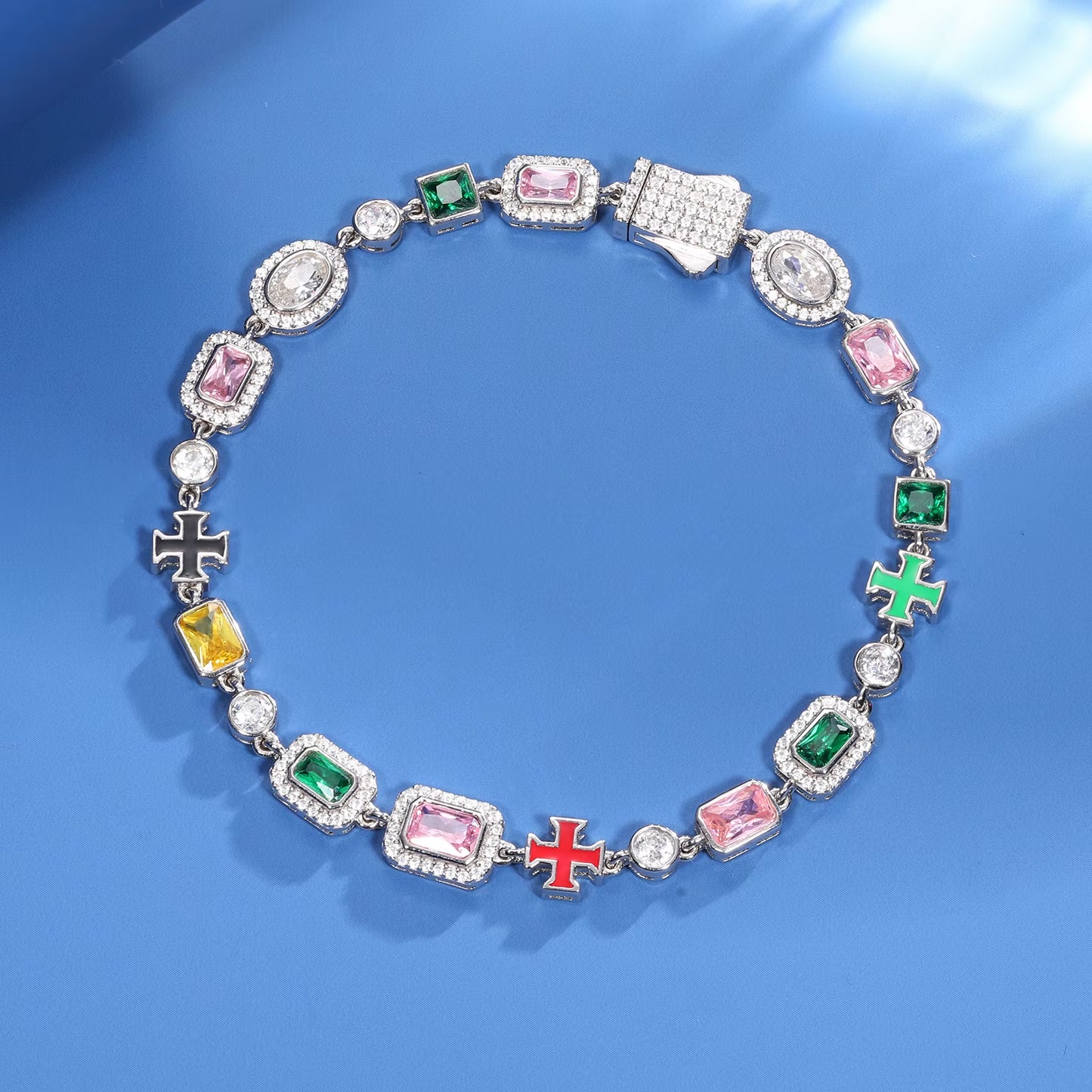 Gemstone Enamel Cross Tennis Bracelet