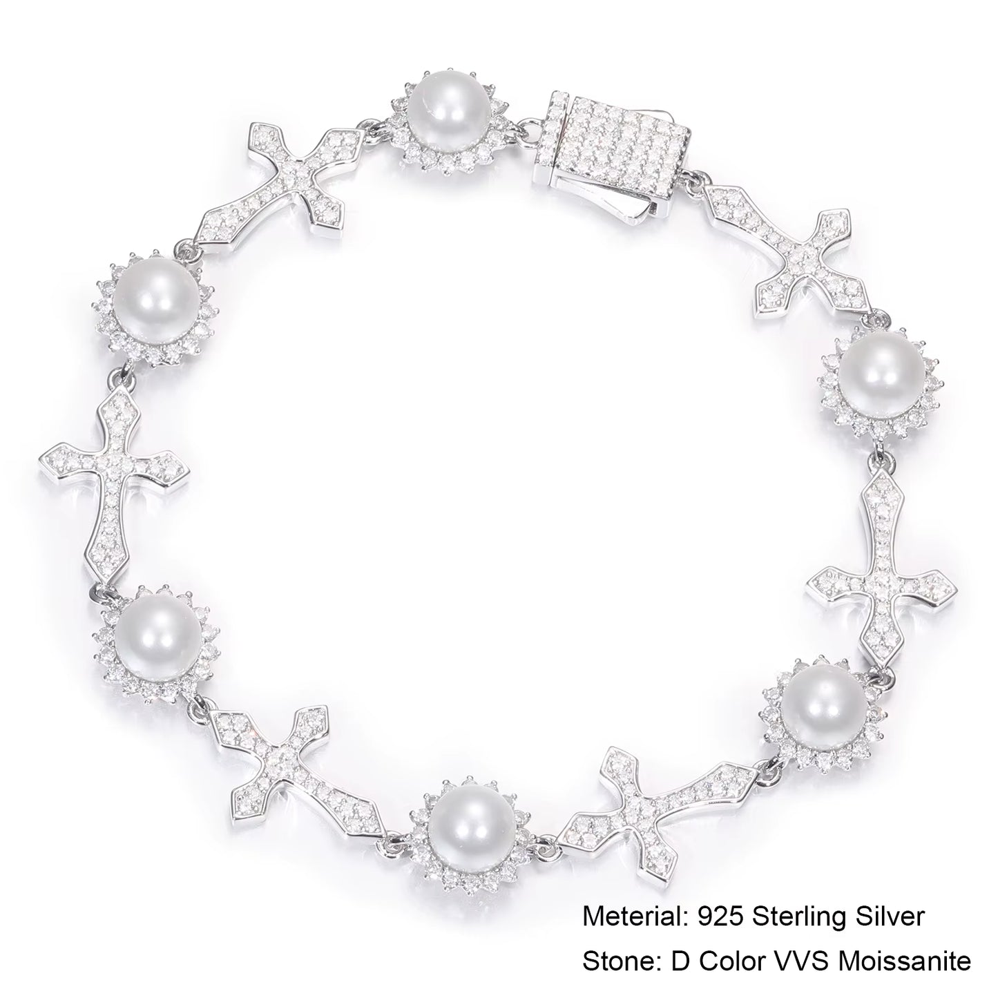 Moissanite Pearl Flower Cross Link Bracelet