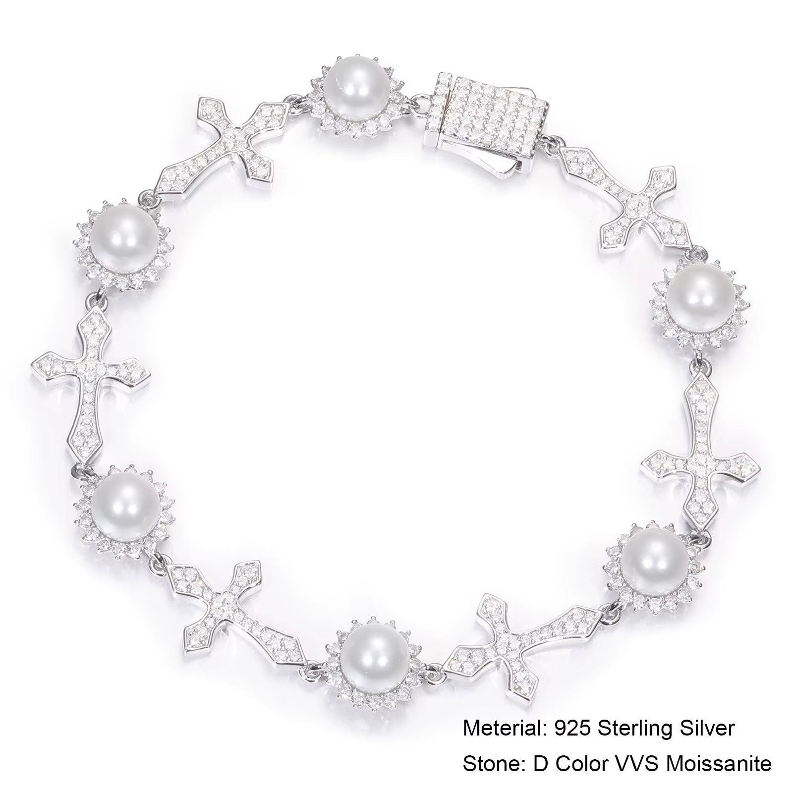 Moissanite Pearl Flower Cross Link Bracelet