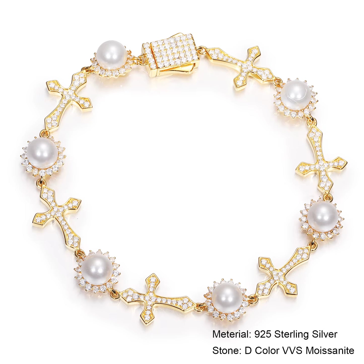 Moissanite Pearl Flower Cross Link Bracelet