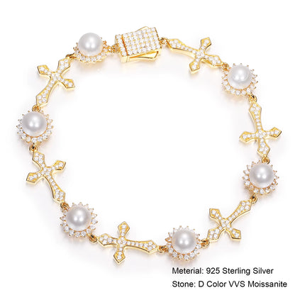 Moissanite Pearl Flower Cross Link Bracelet