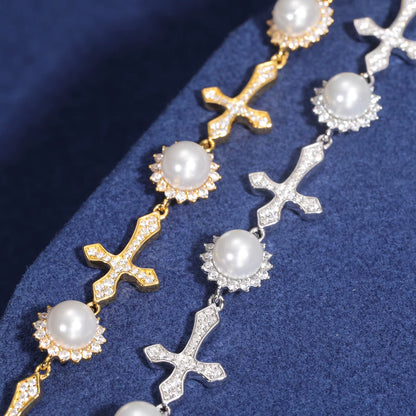 Moissanite Pearl Flower Cross Link Bracelet