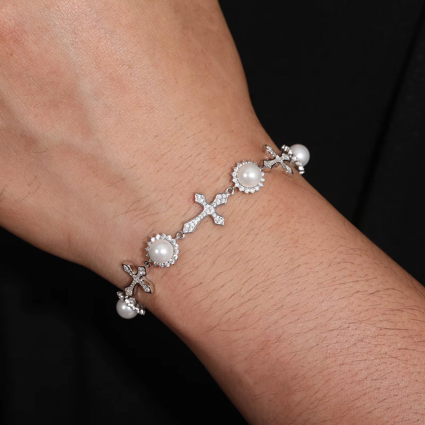 Moissanite Pearl Flower Cross Link Bracelet